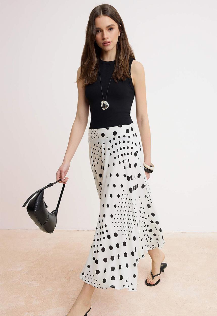 Trendyol - Polka Dot Flared Midi Skirt - White & Black