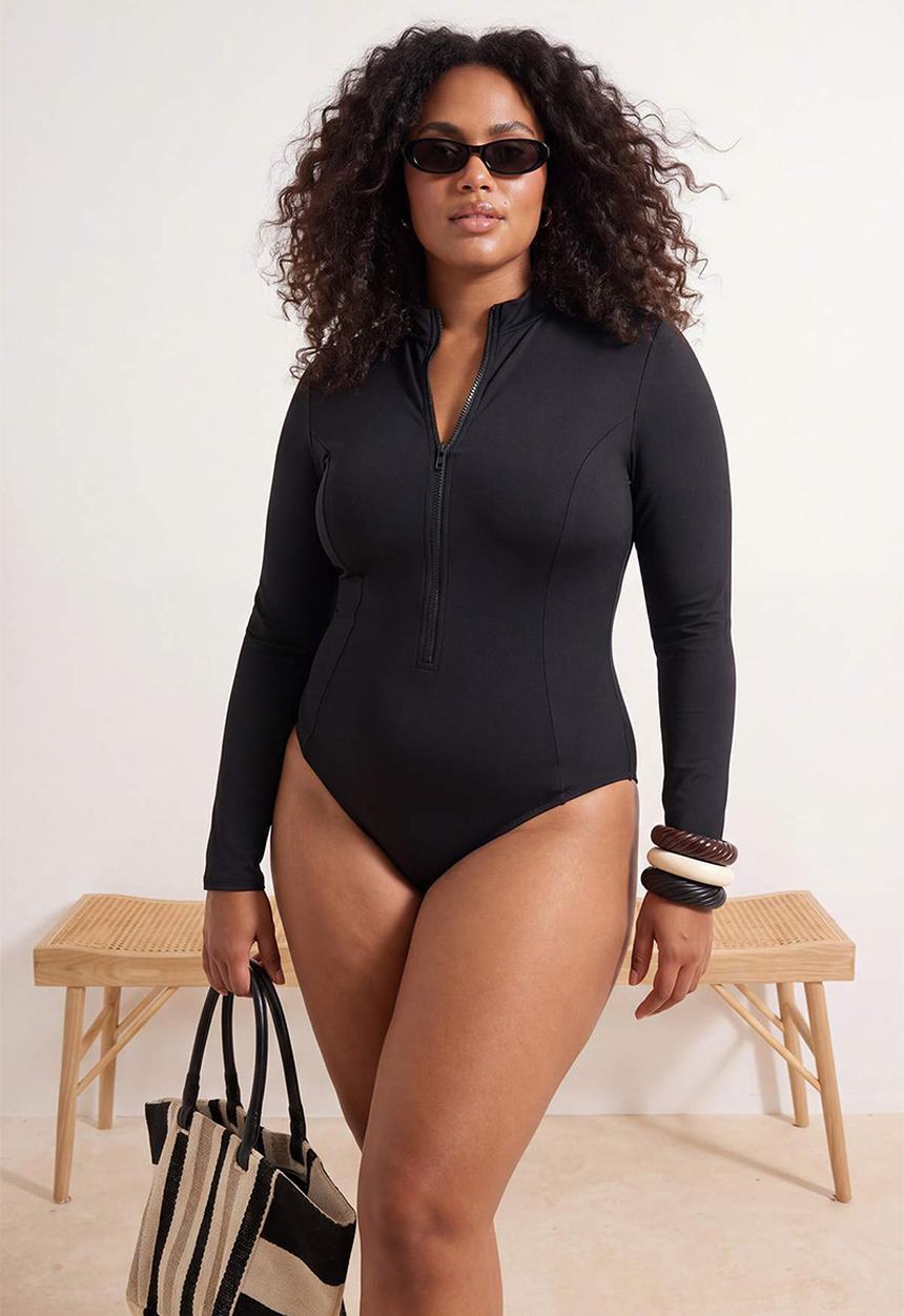 Trendyol - Plus zipper detailed surfer swimsuit - black