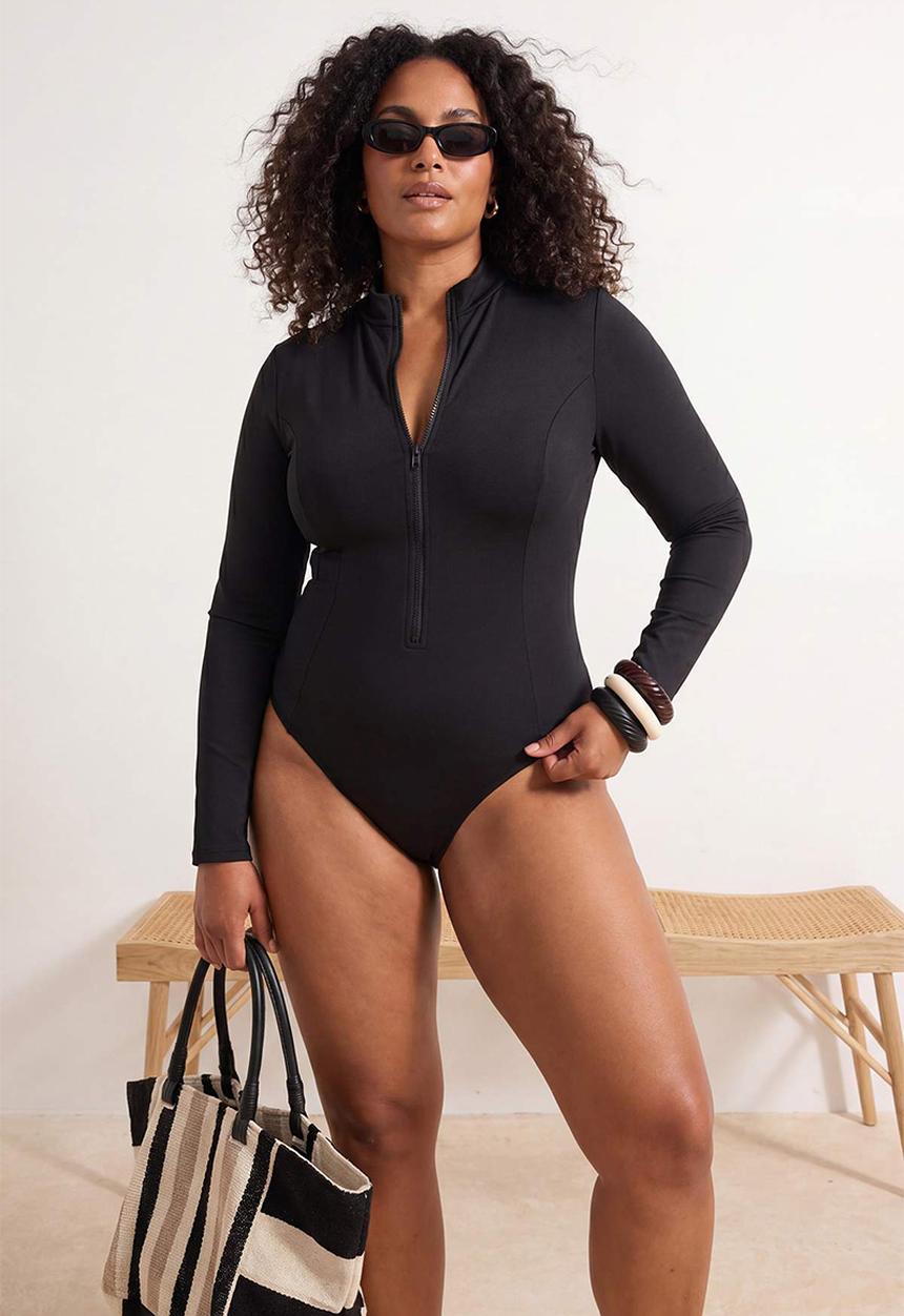 Trendyol - Plus zipper detailed surfer swimsuit - black