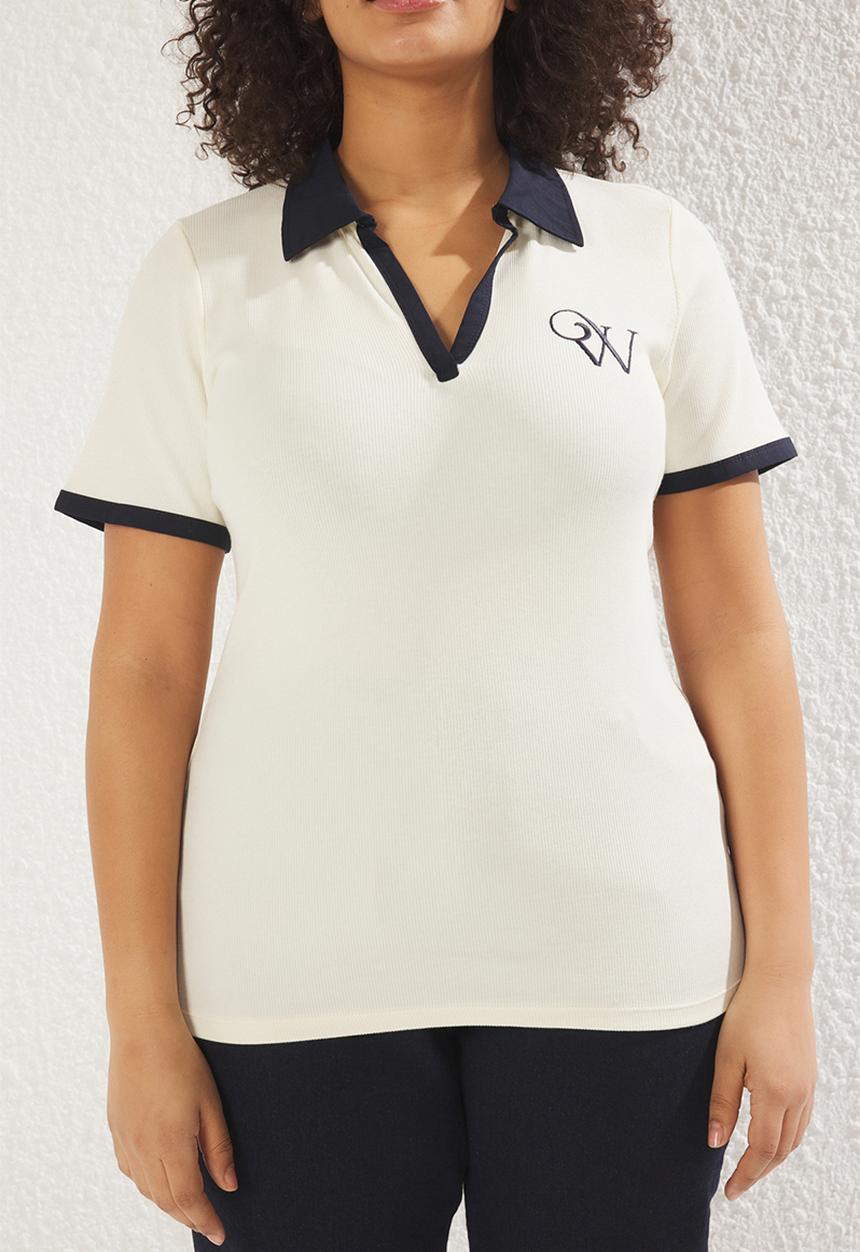 Trendyol - Plus polo collar contrast embroidered ribbed blouse - ecru