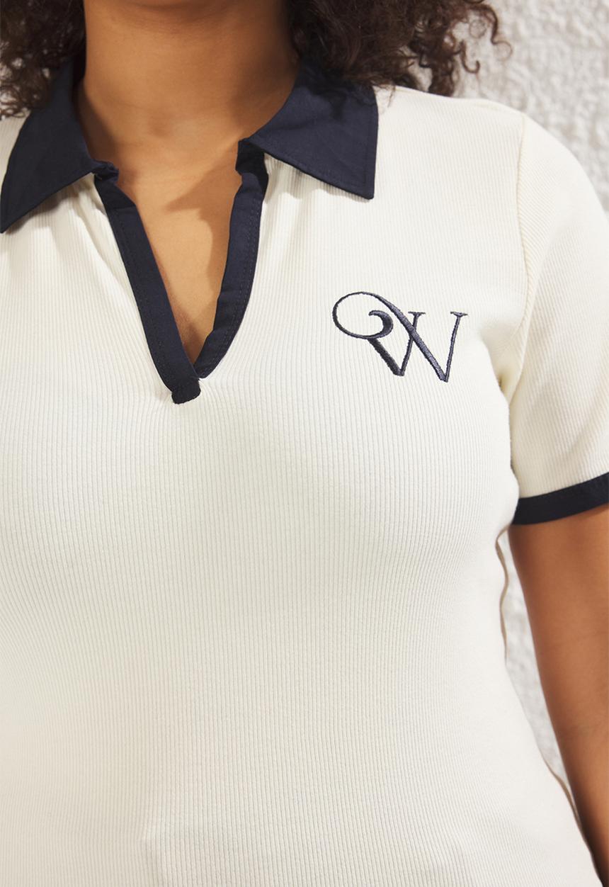 Trendyol - Plus polo collar contrast embroidered ribbed blouse - ecru