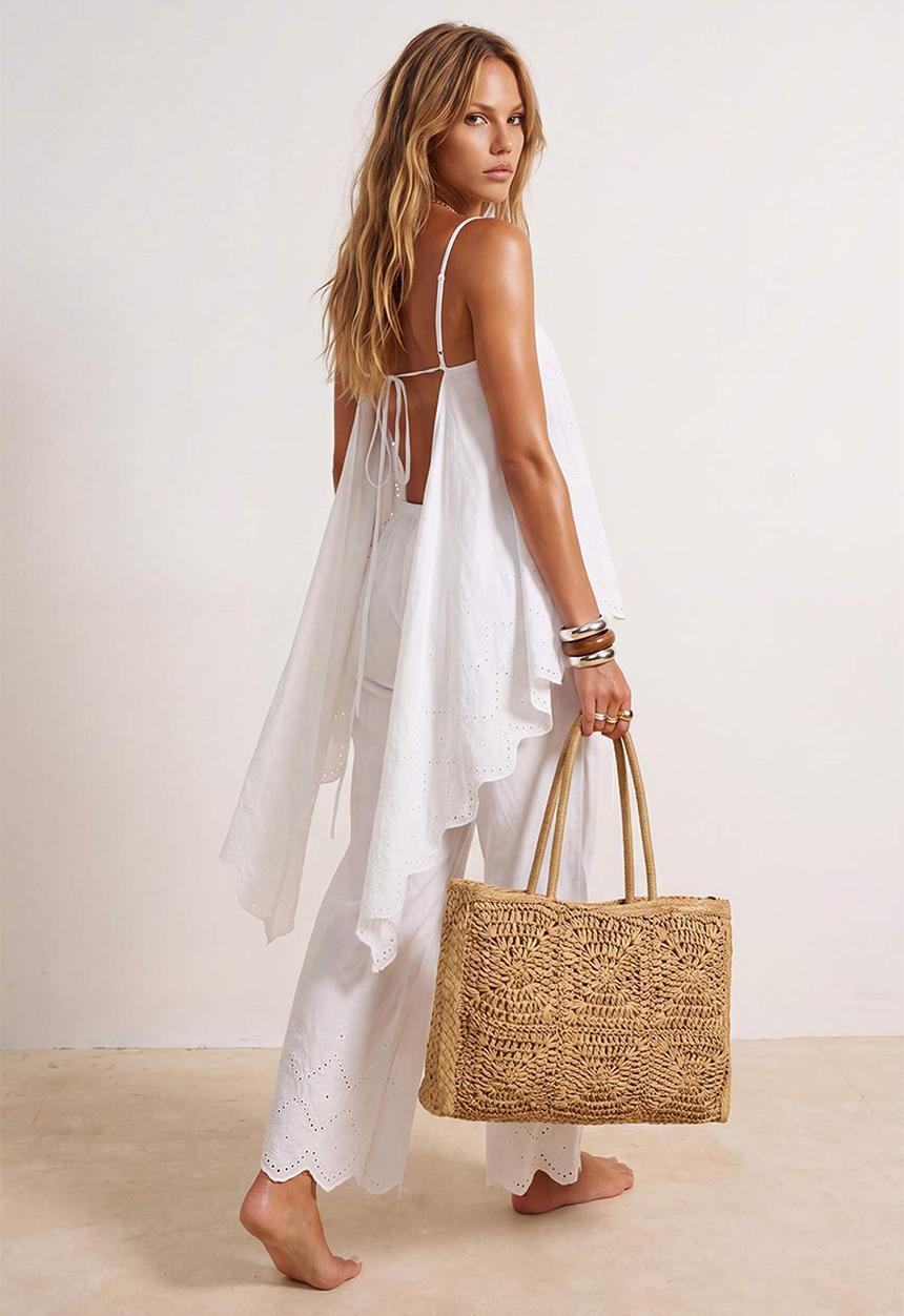 Trendyol - Embroidered Woven Blouse and Capri Pants Set - White