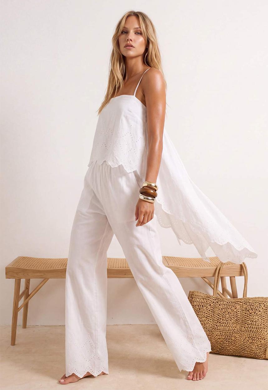 Trendyol - Embroidered Woven Blouse and Capri Pants Set - White