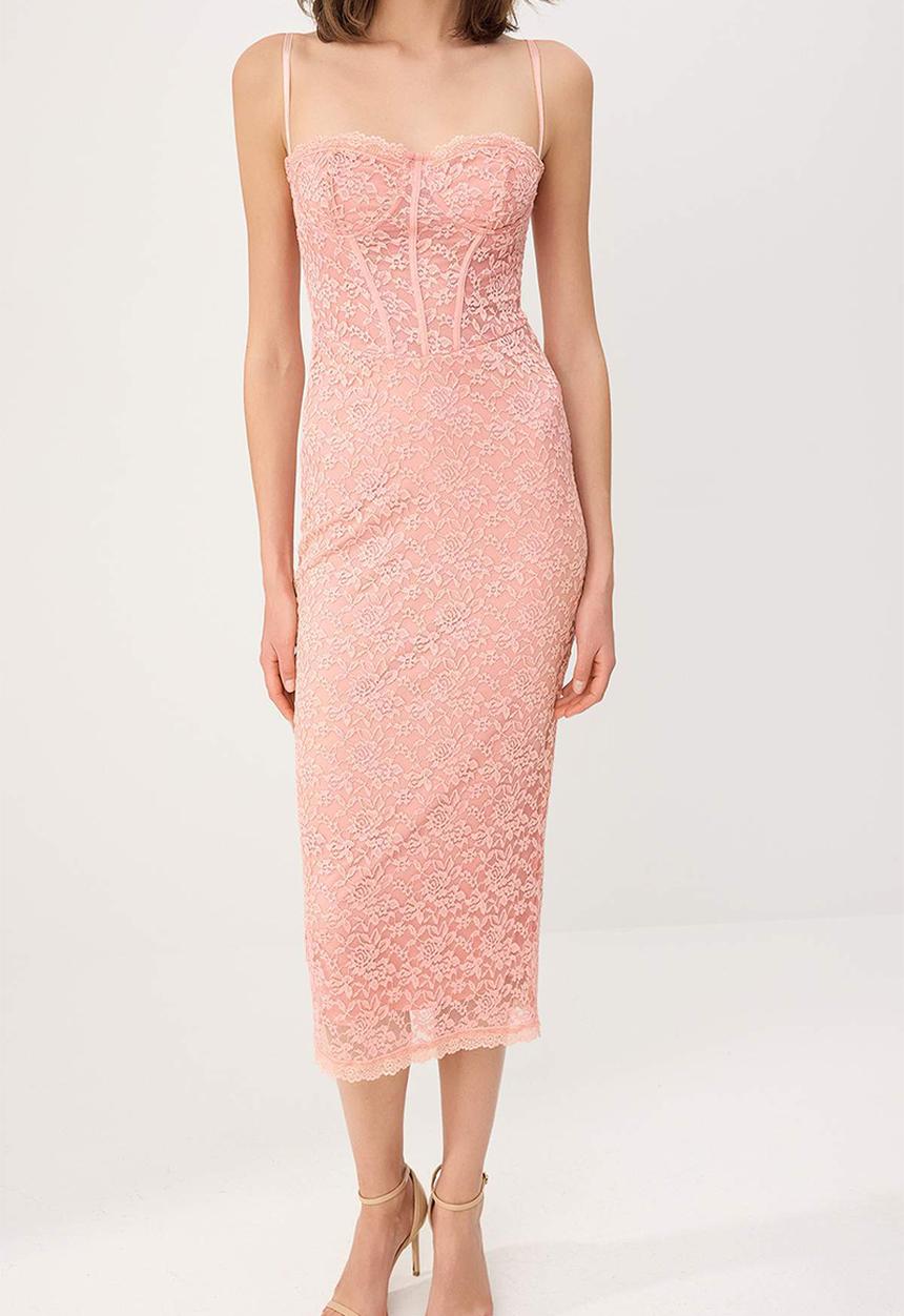 Trendyol - Lace Detail Lined Midi Evening Dress - Powder