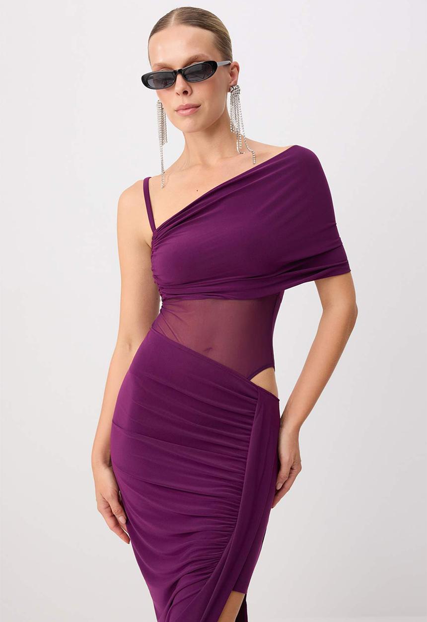 Trendyol - Asymmetric Neckline Straight-Cut Maxi Knit Evening Dress - Plum