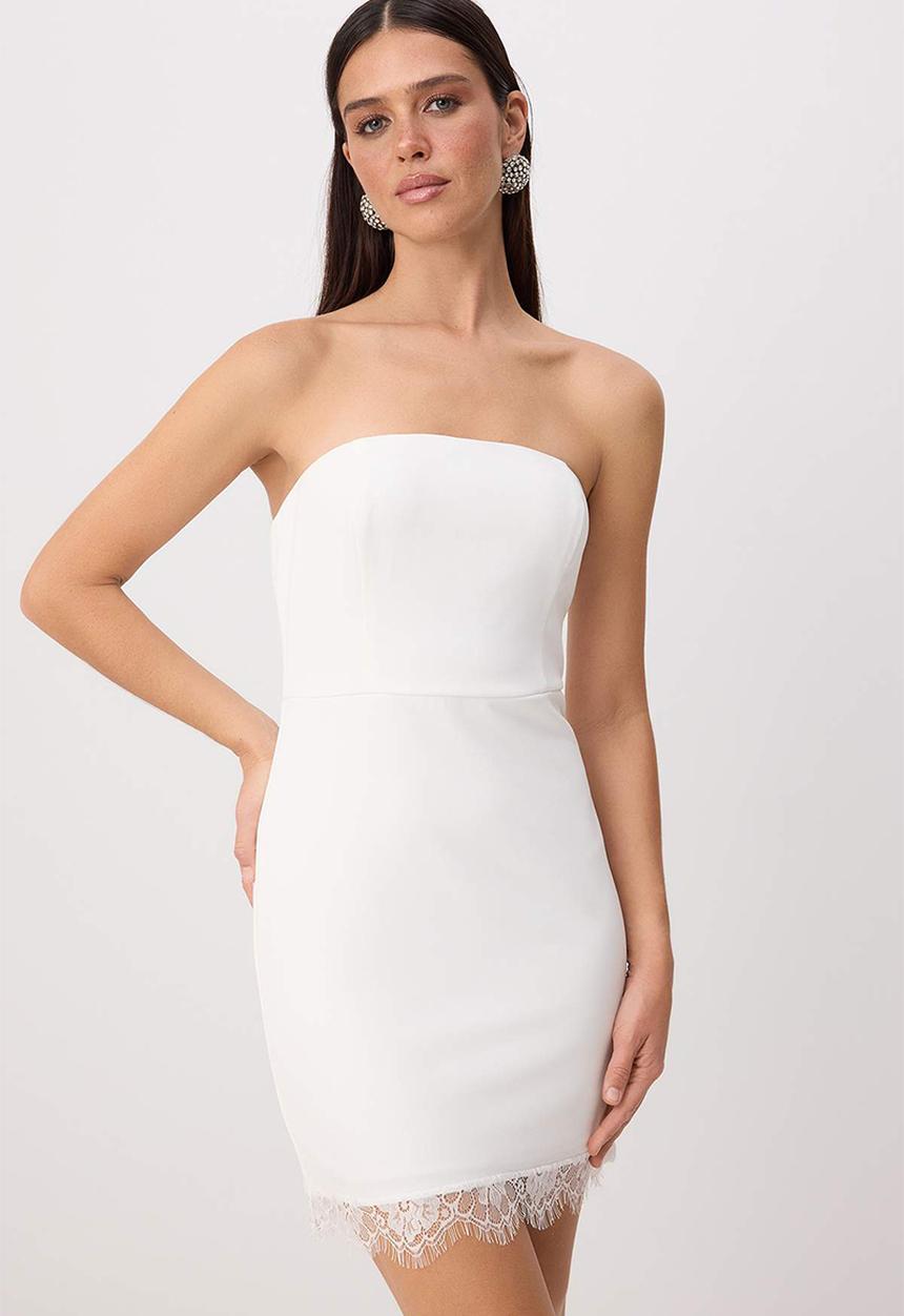 Trendyol - Lace Detail Strapless Lined Mini Dress - White