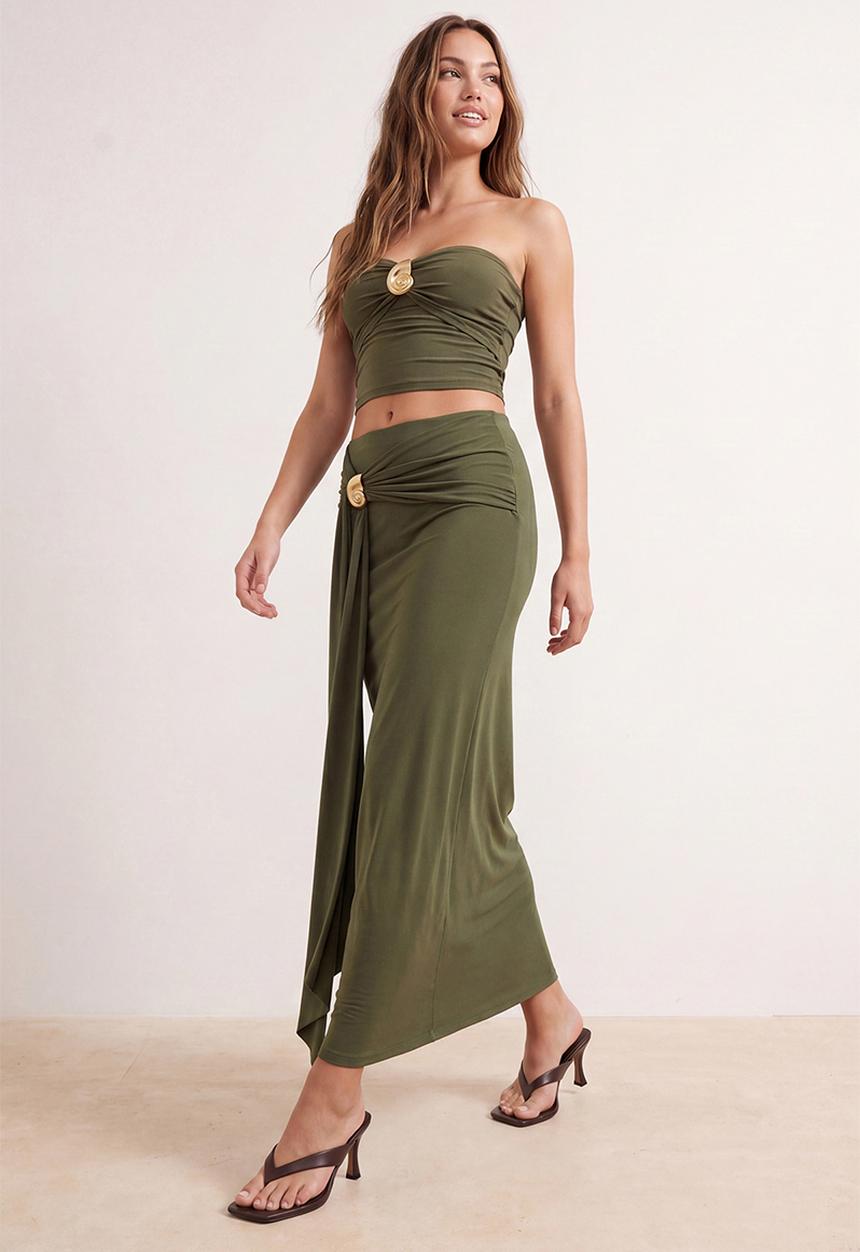 Trendyol - Bodycon Accessory Detail Maxi Skirt - Khaki