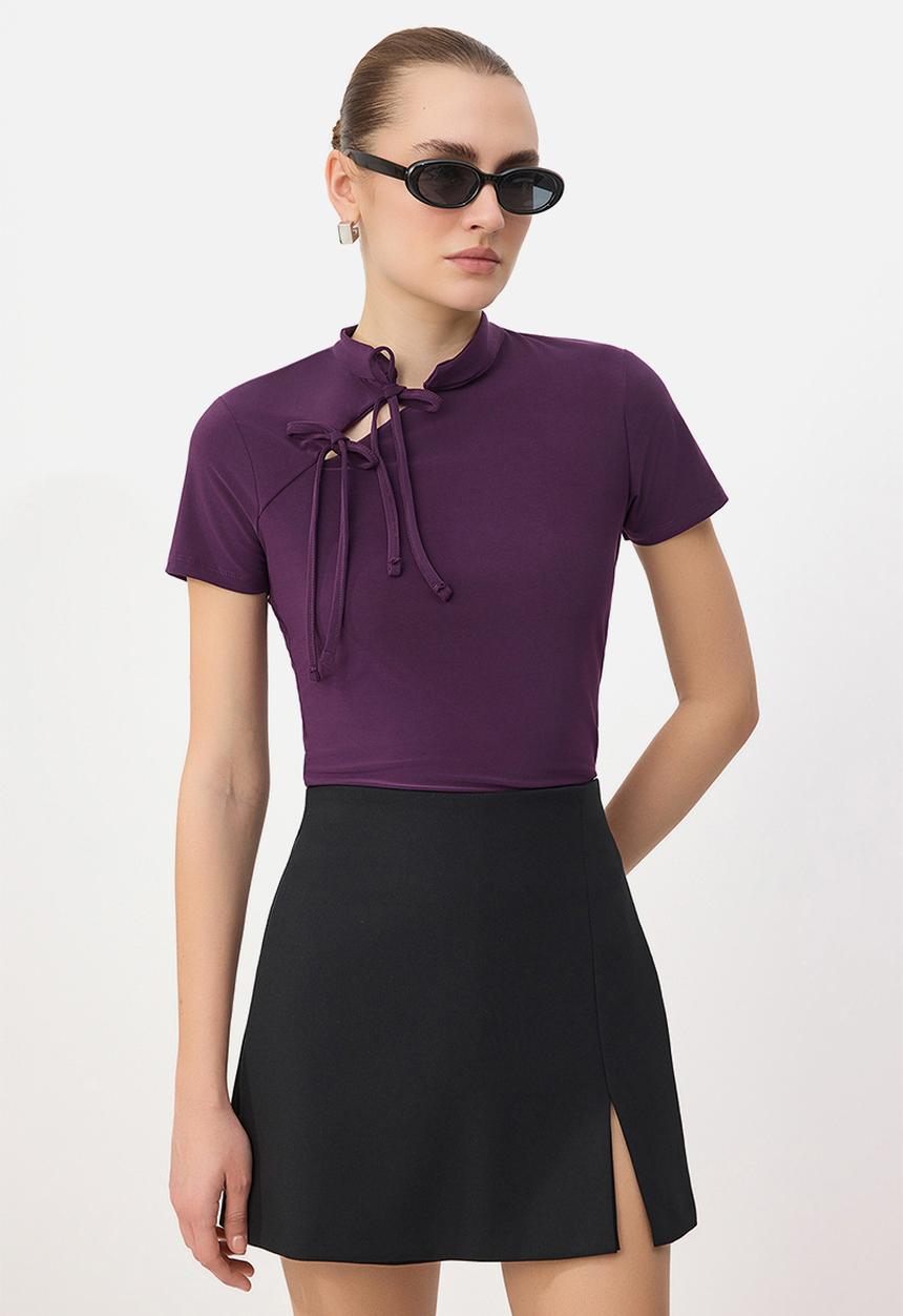 Trendyol - High Neck Tie-Detail Fitted Knit Blouse - Plum