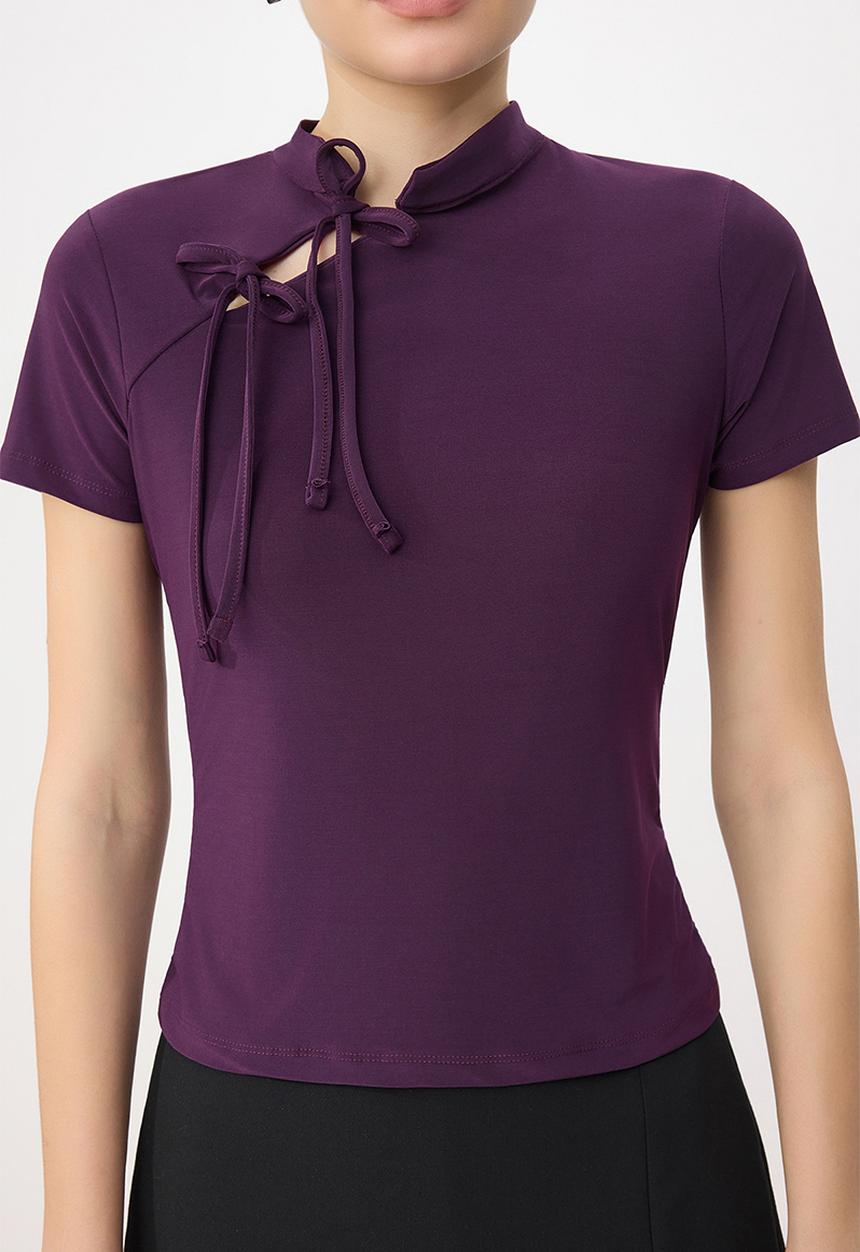 Trendyol - High Neck Tie-Detail Fitted Knit Blouse - Plum