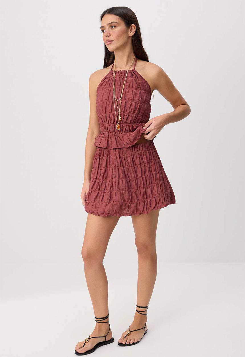 Trendyol - Balloon Skirt and Gathered Detail Top Set - Tile