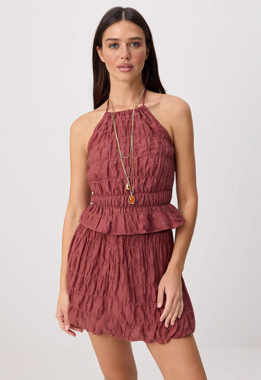 Trendyol - Balloon Skirt and Gathered Detail Top Set - Tile