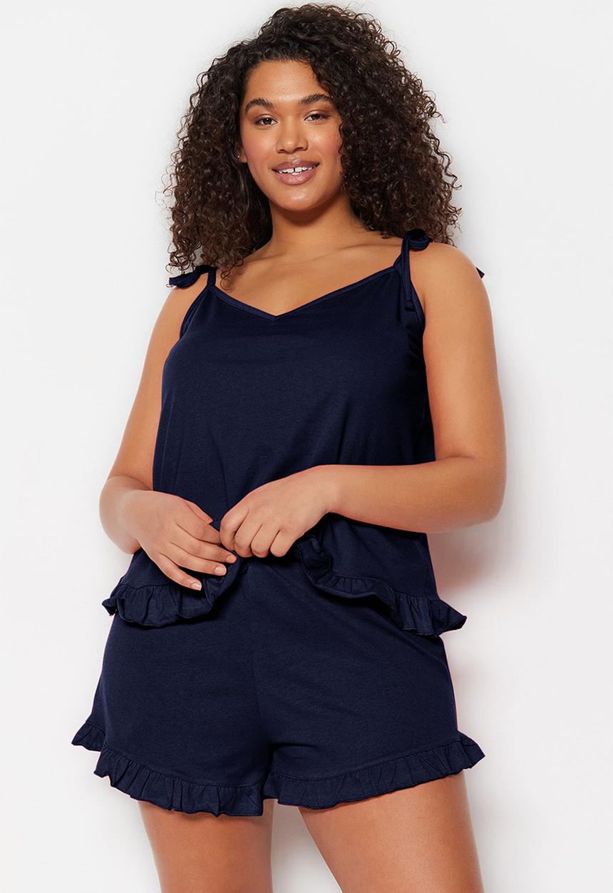 Trendyol - Plus strap knitted ruffle detail shorts pajama set - navy blue