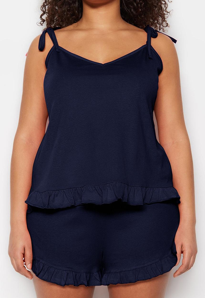 Trendyol - Plus strap knitted ruffle detail shorts pajama set - navy blue