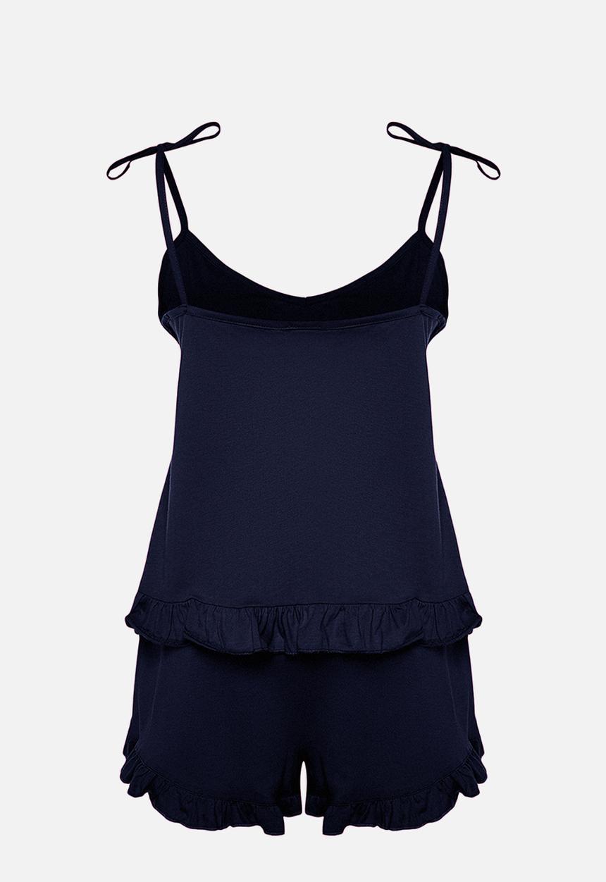 Trendyol - Plus strap knitted ruffle detail shorts pajama set - navy blue