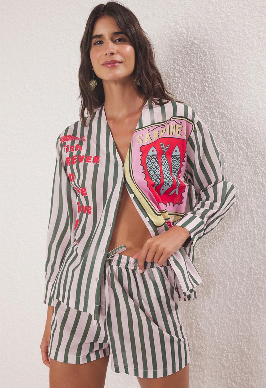 Trendyol - Cotton Fish Print Beach Shirt and High-Waist Shorts Set - Multicolour