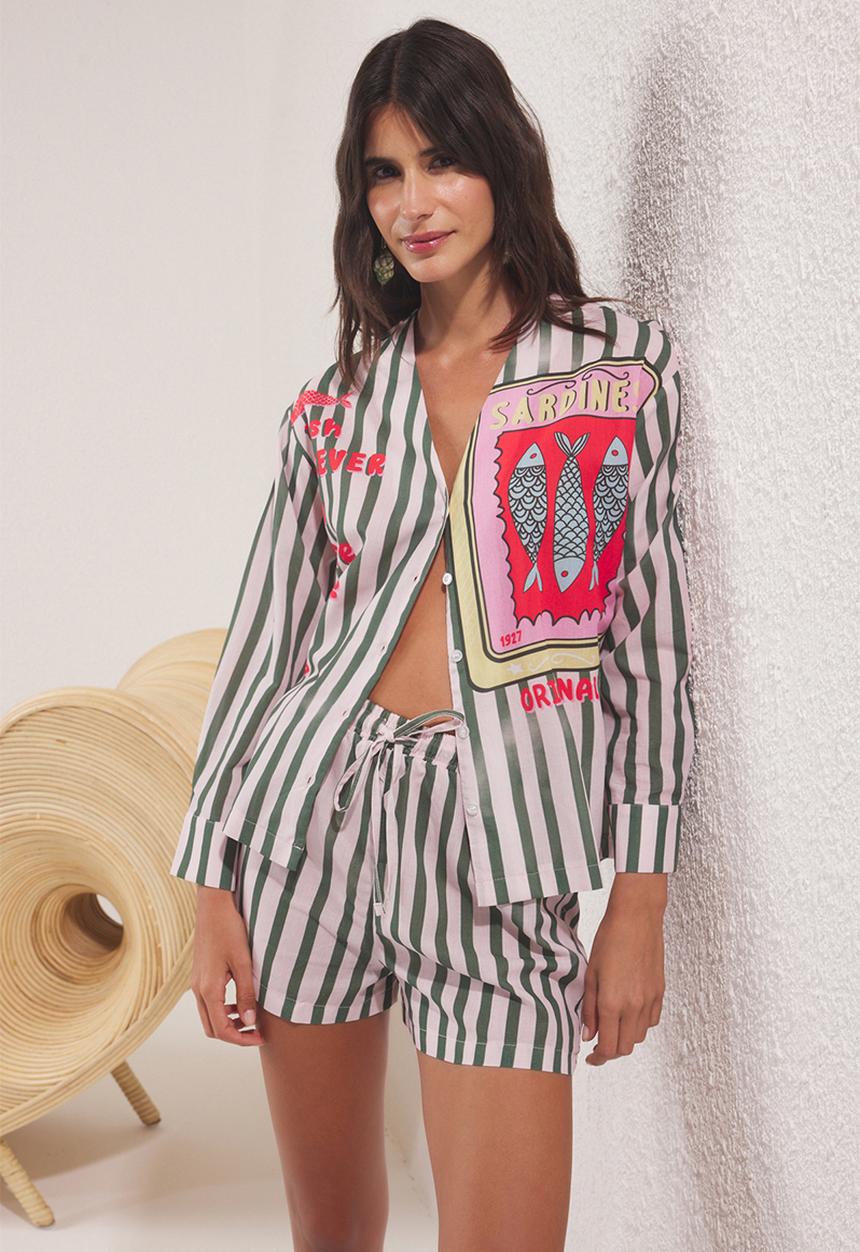 Trendyol - Cotton Fish Print Beach Shirt and High-Waist Shorts Set - Multicolour