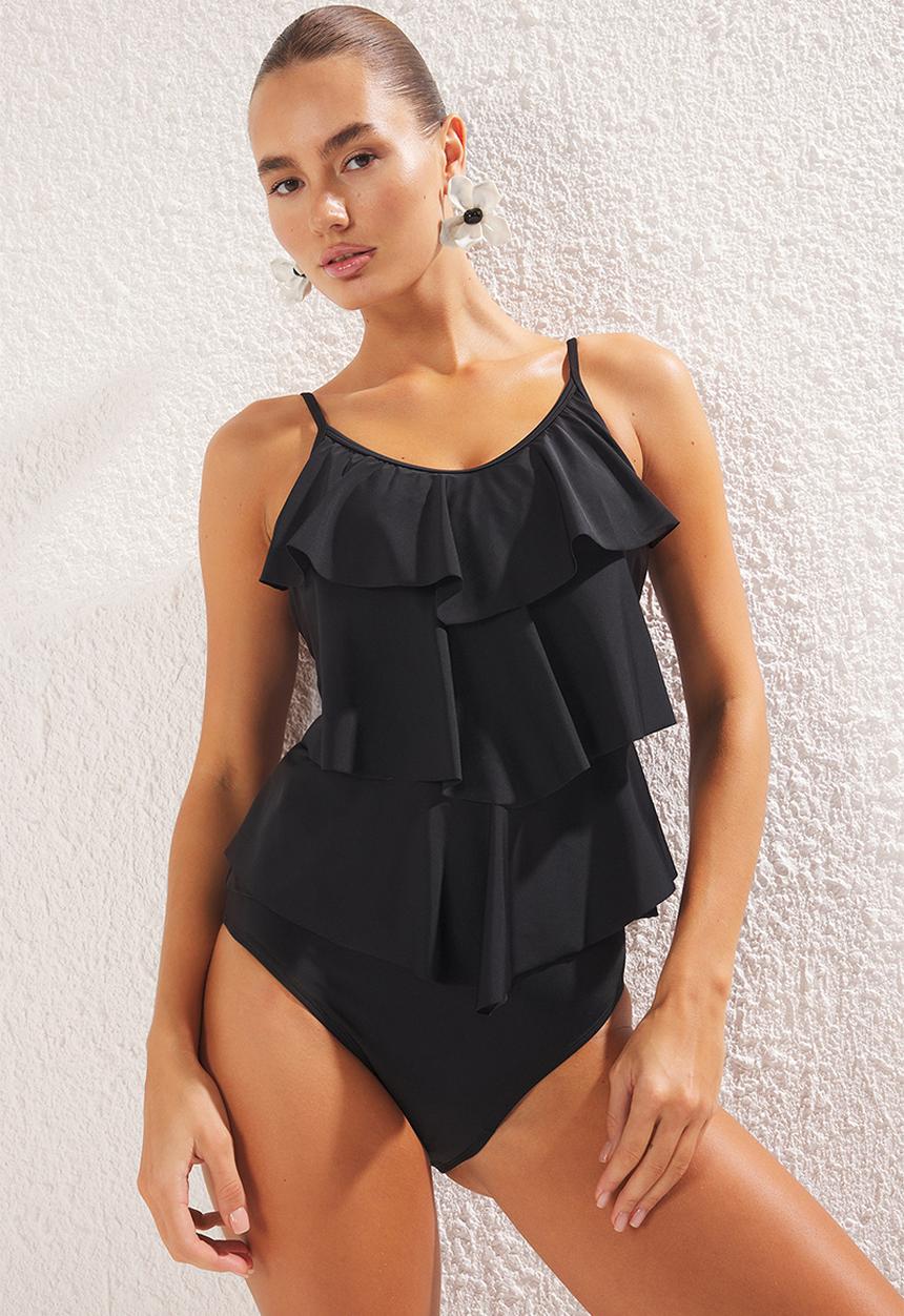 Trendyol - Flounce u-neck swimsuit - black