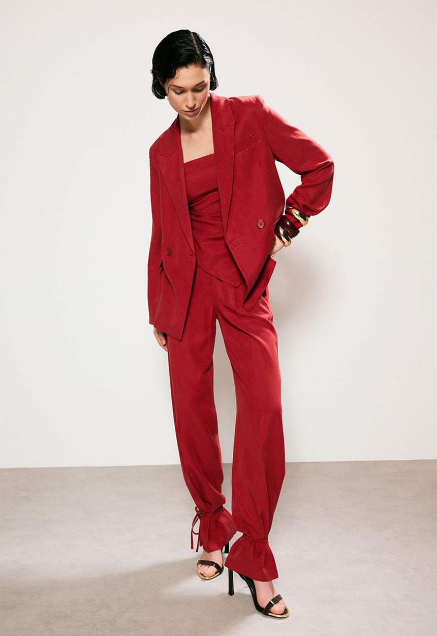 Trendyol - Linen-Look Lined Blazer - Red