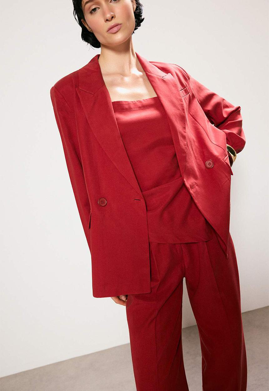 Trendyol - Linen-Look Lined Blazer - Red