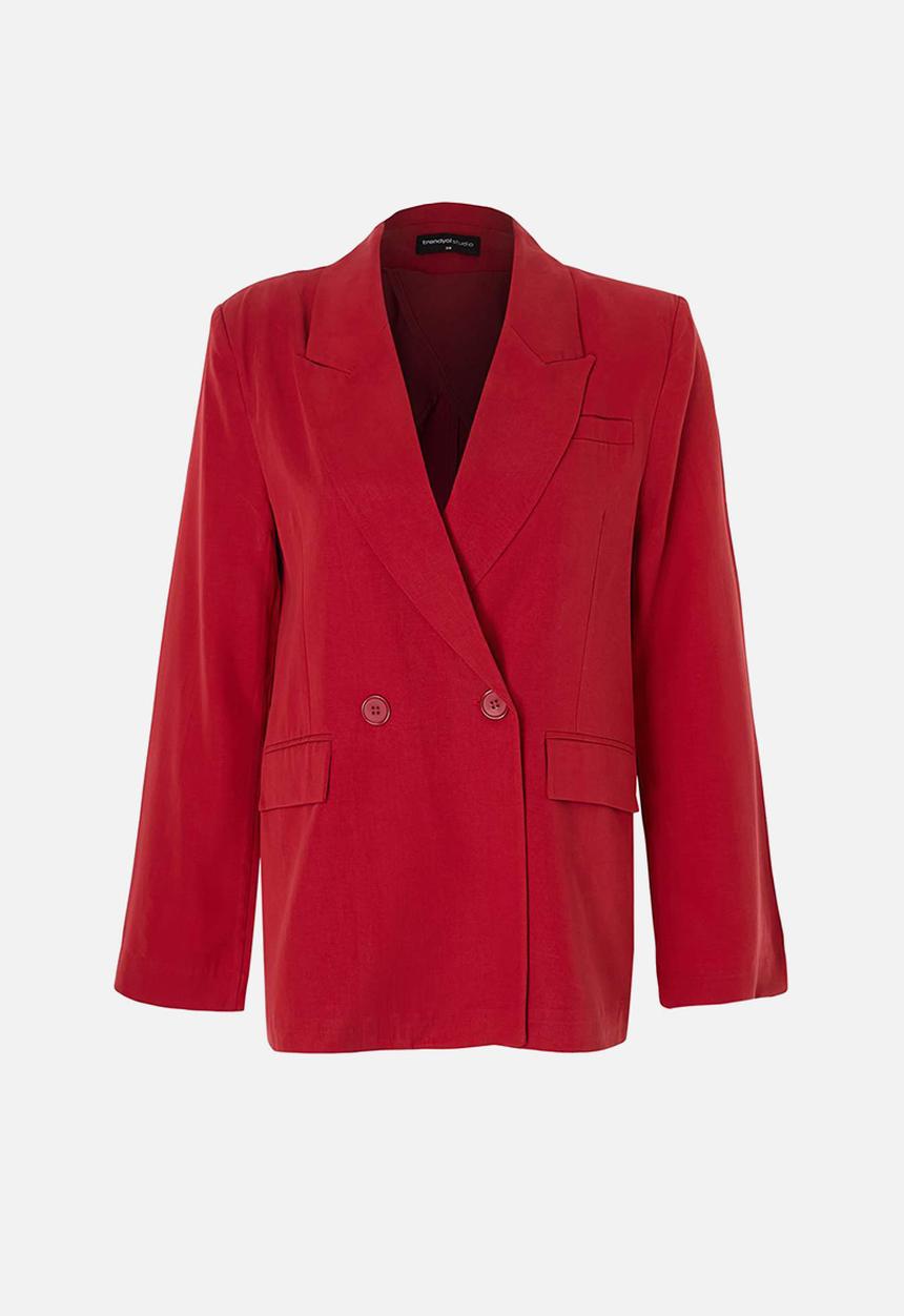 Trendyol - Linen-Look Lined Blazer - Red