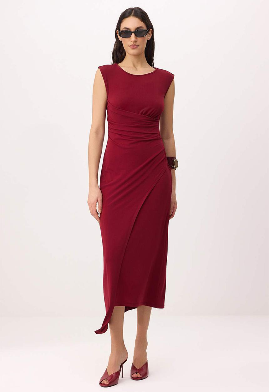 Trendyol - A-Line Ruched Midi Knit Dress - Burgundy