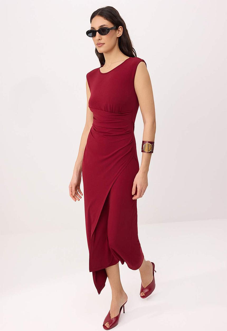 Trendyol - A-Line Ruched Midi Knit Dress - Burgundy