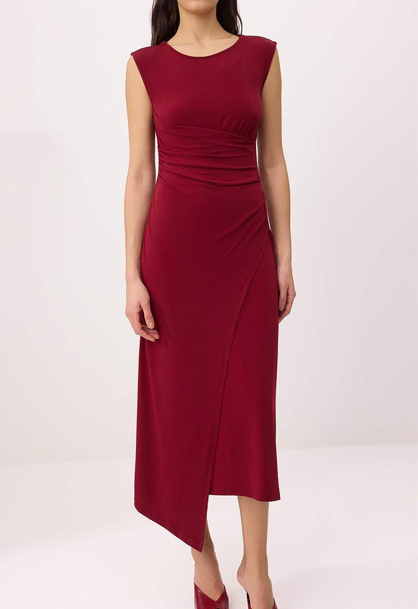 Trendyol - A-Line Ruched Midi Knit Dress - Burgundy