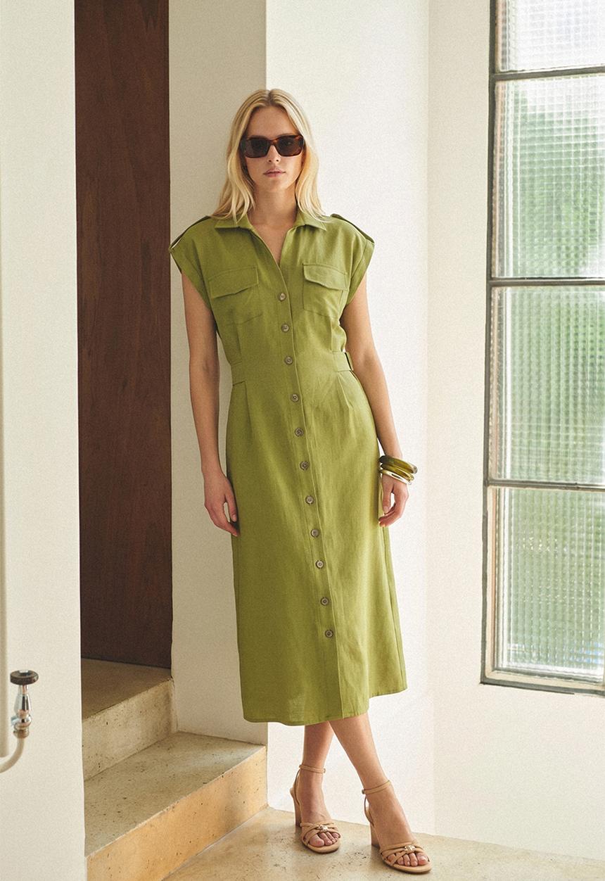 Trendyol - Accessory Detail Buttoned Midi Shirt Dress - Khaki