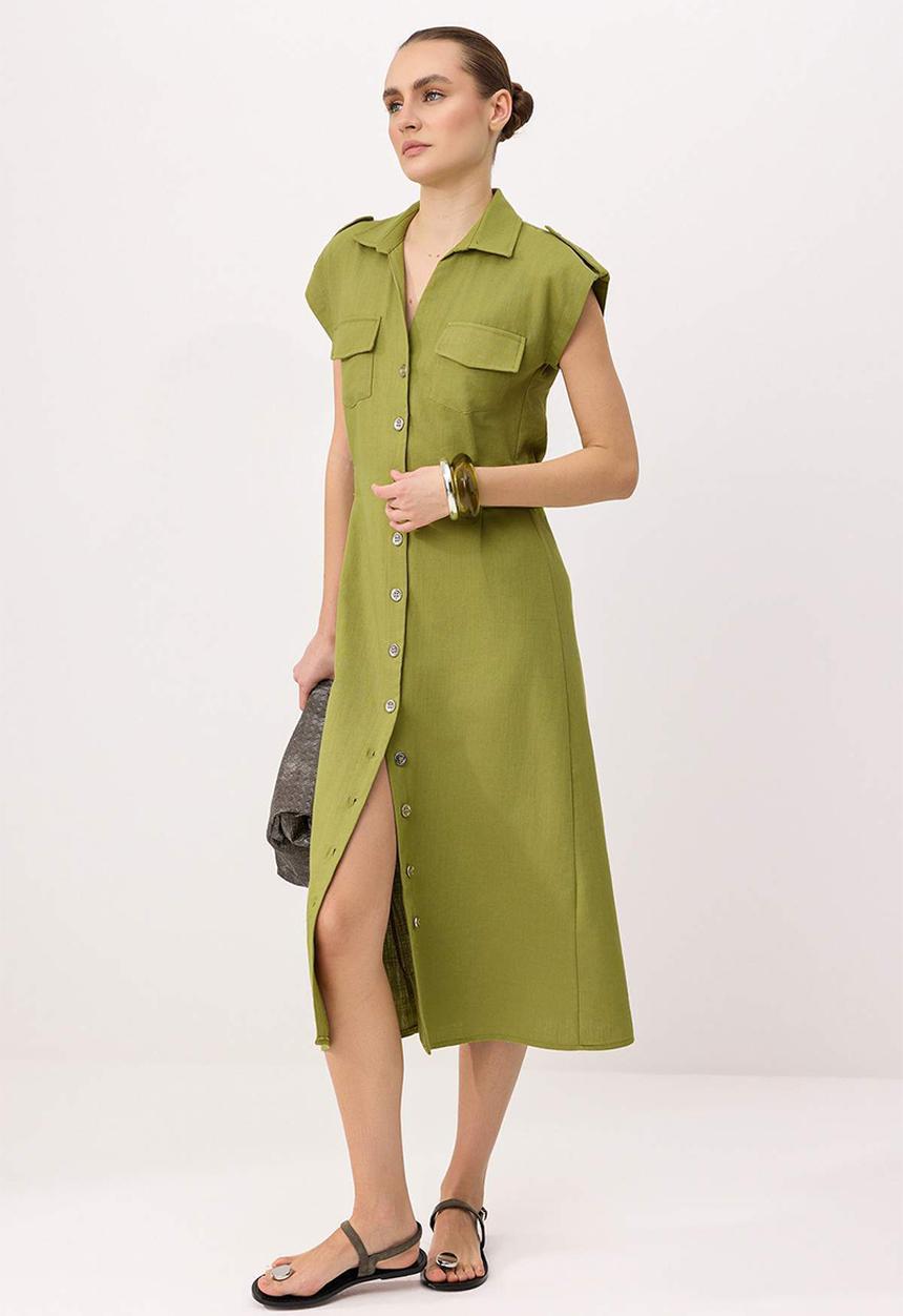 Trendyol - Accessory Detail Buttoned Midi Shirt Dress - Khaki