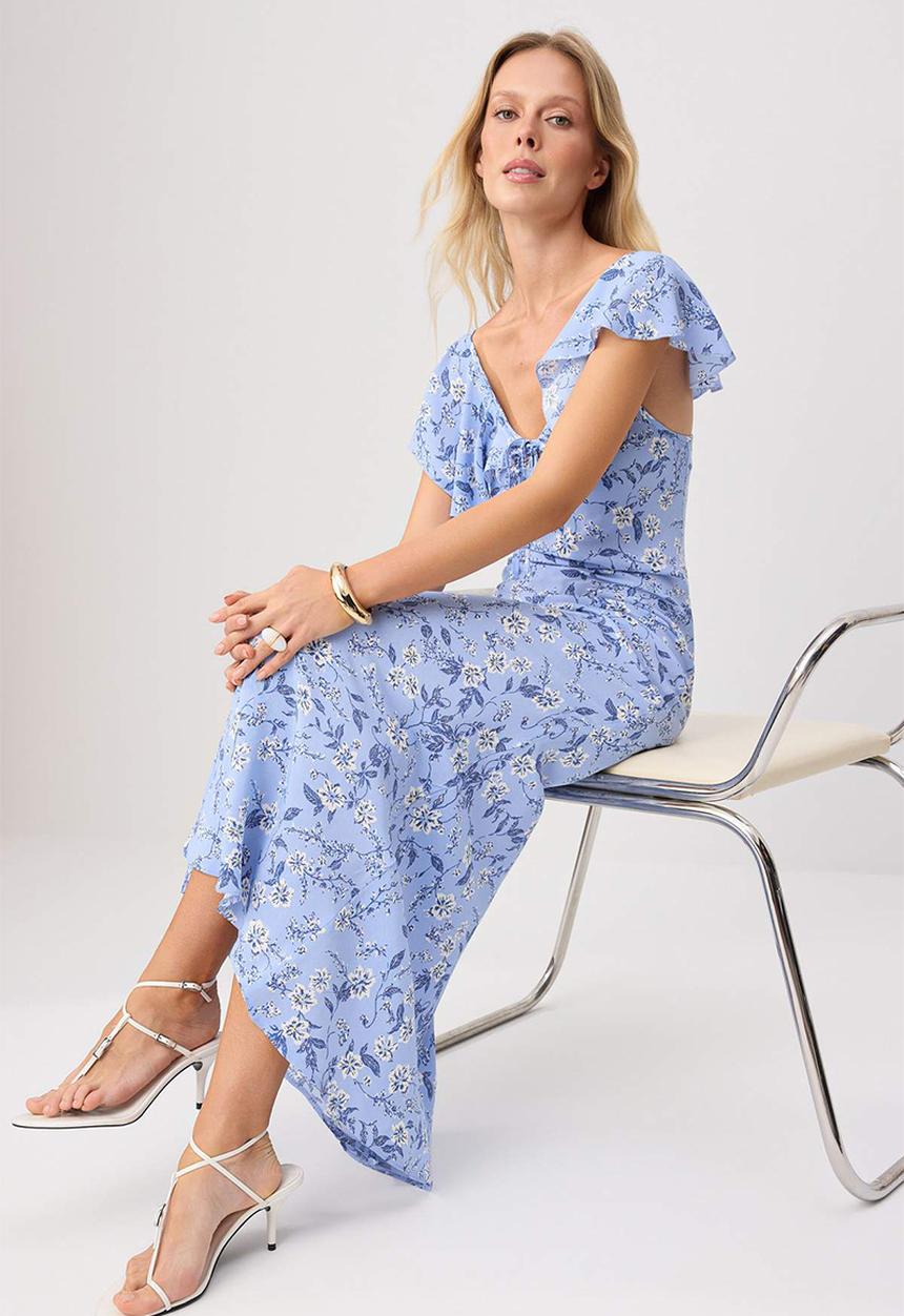 Trendyol - Floral Ruffle Detail Bodycon Maxi Dress - blue
