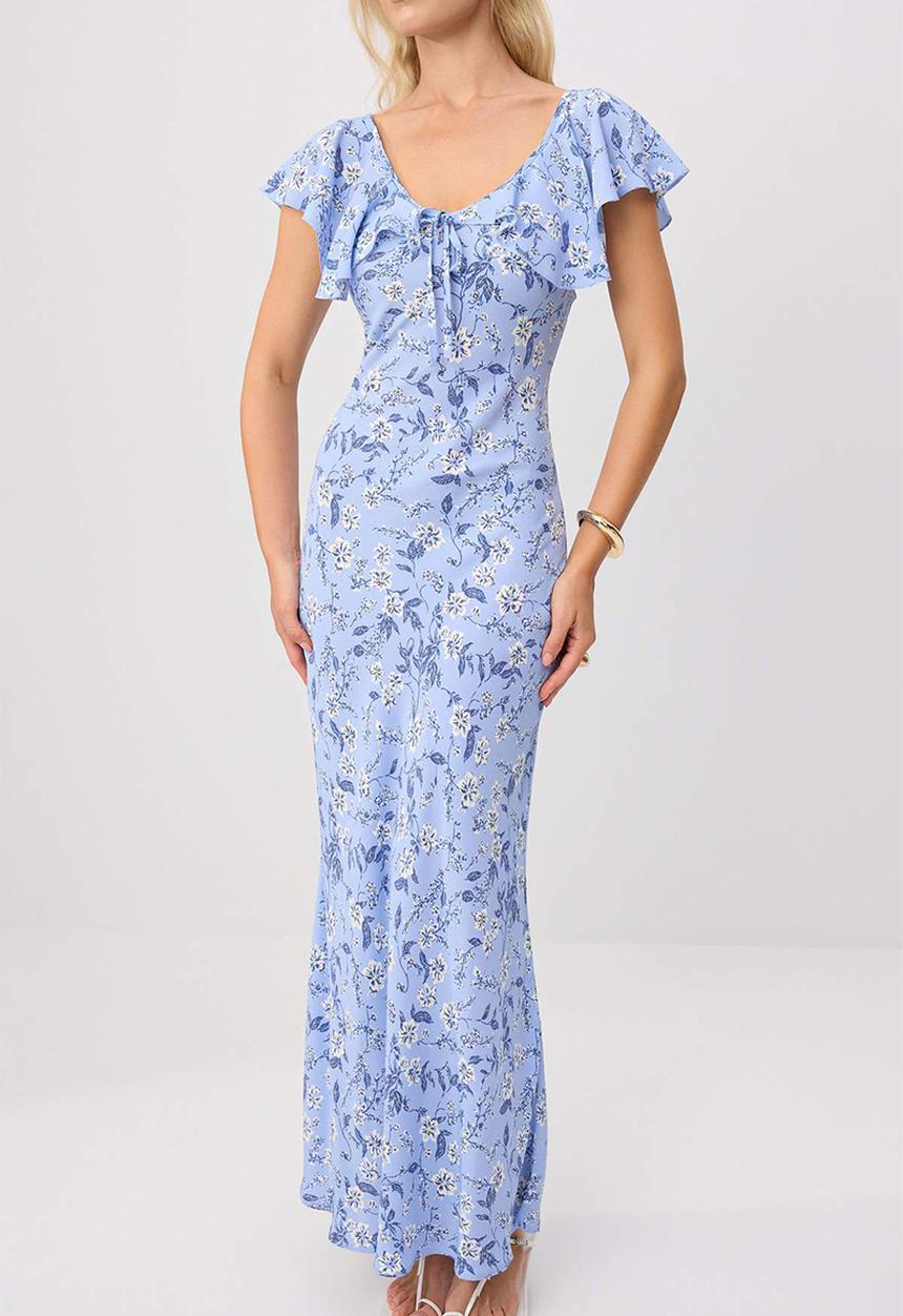 Trendyol - Floral Ruffle Detail Bodycon Maxi Dress - blue