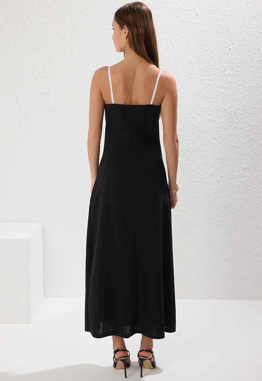 Trendyol - Colour Block Maxi Knit Dress with Accessory Detail - Black