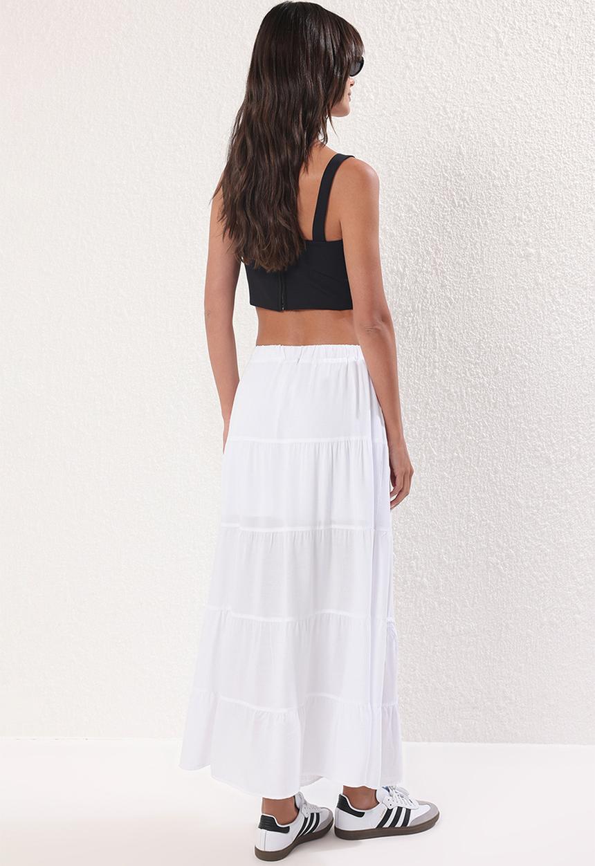 Trendyol - Bow Detail A-Line Flounced Maxi Skirt - White
