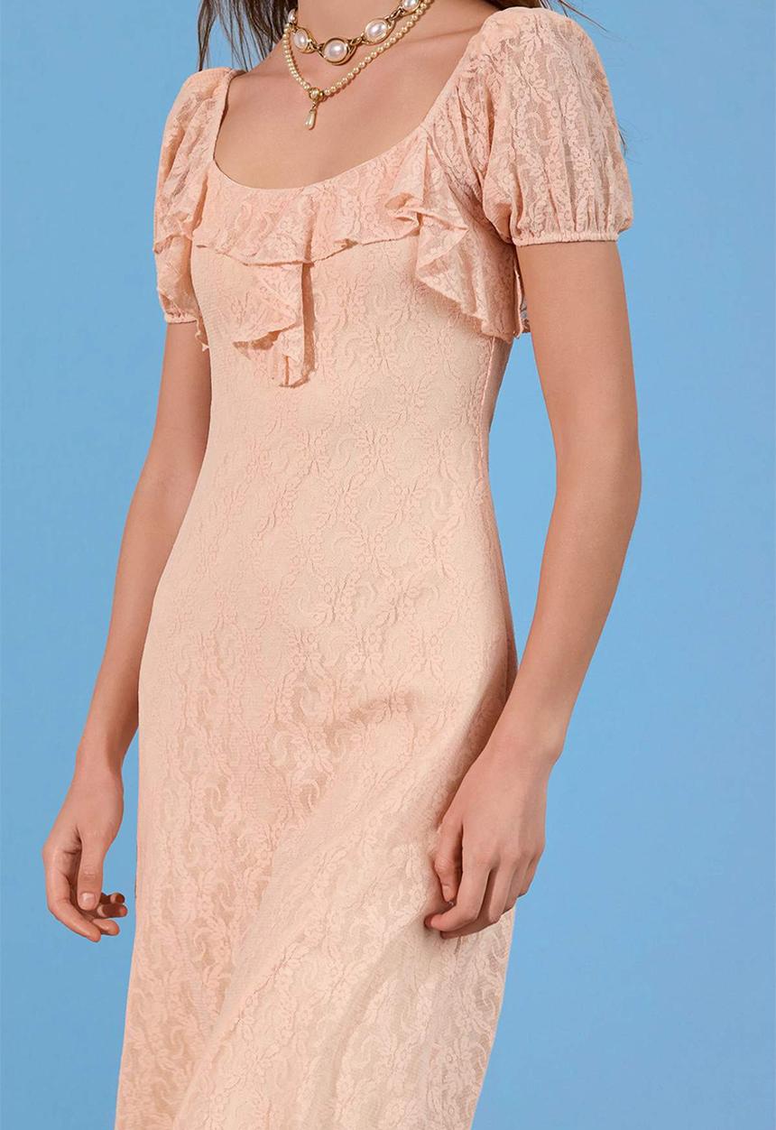 Trendyol - Limited Edition Bodycon Lace Dress with Balloon Sleeves - Powder