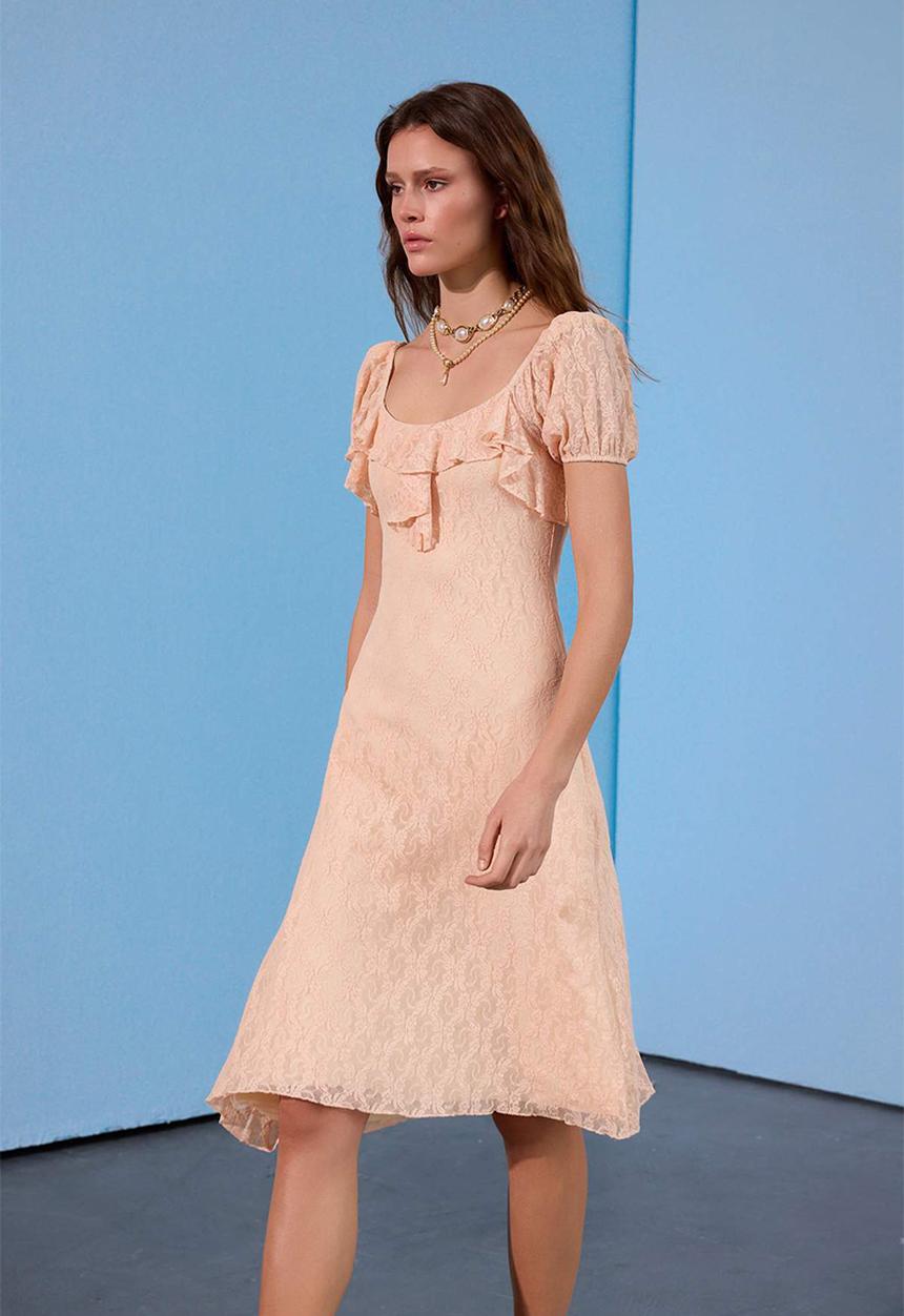 Trendyol - Limited Edition Bodycon Lace Dress with Balloon Sleeves - Powder