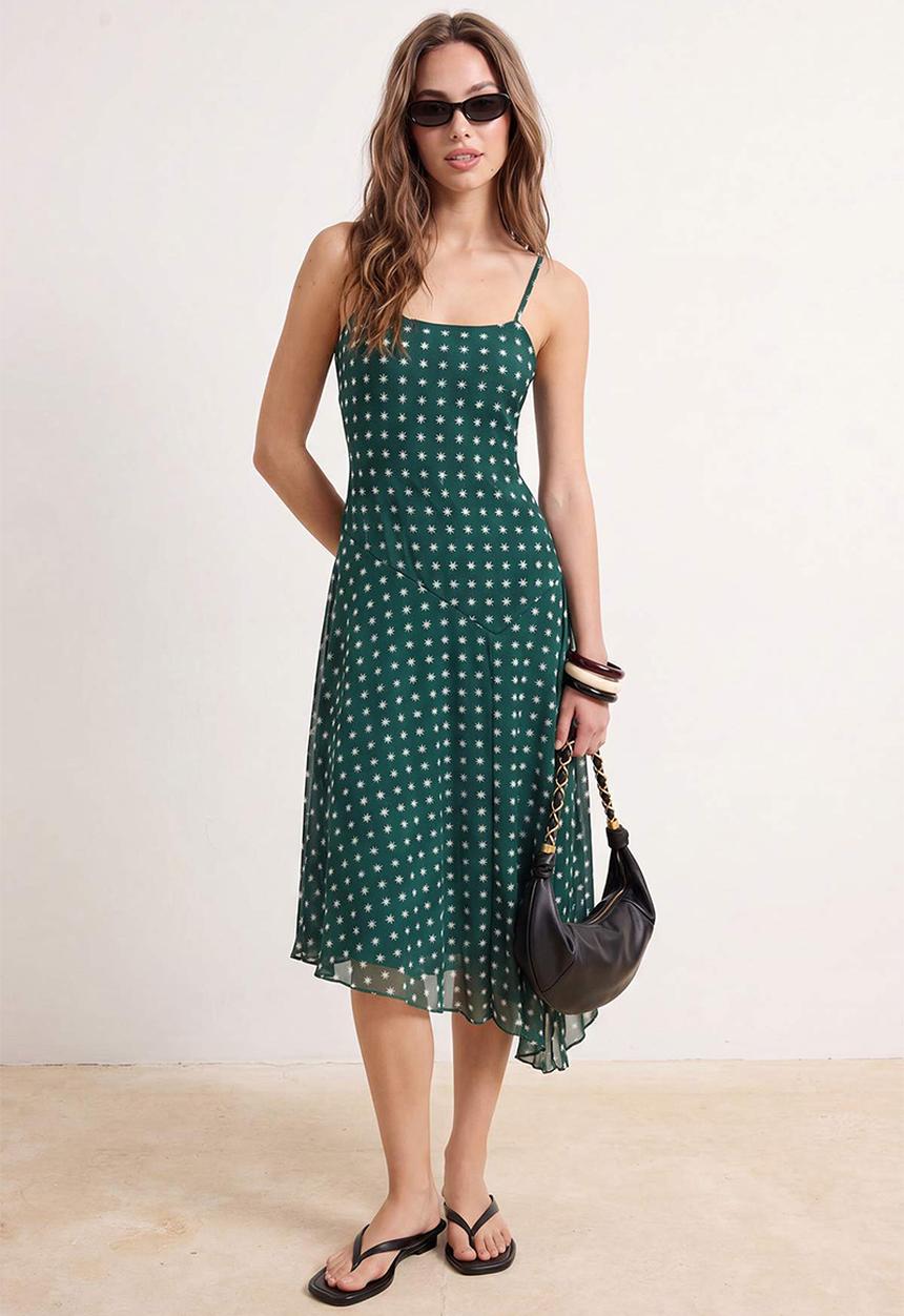 Trendyol - Printed Waist-Cut Tulle Mini Dress - Green