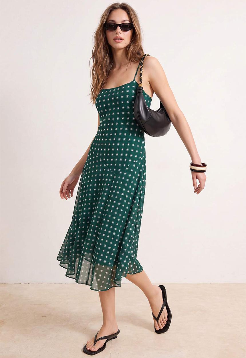Trendyol - Printed Waist-Cut Tulle Mini Dress - Green