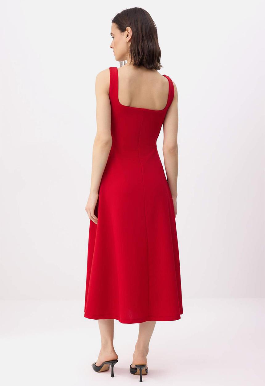 Trendyol - Waist-Cut Square Neck Crepe Knit Dress - Red