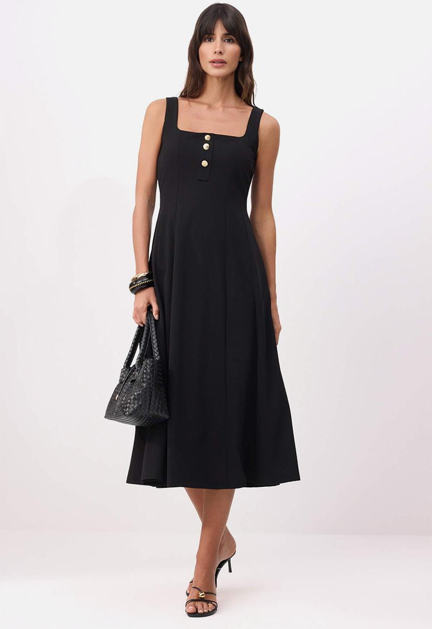 Trendyol - Waist-Cut Square Neck Crepe Knit Dress - Black