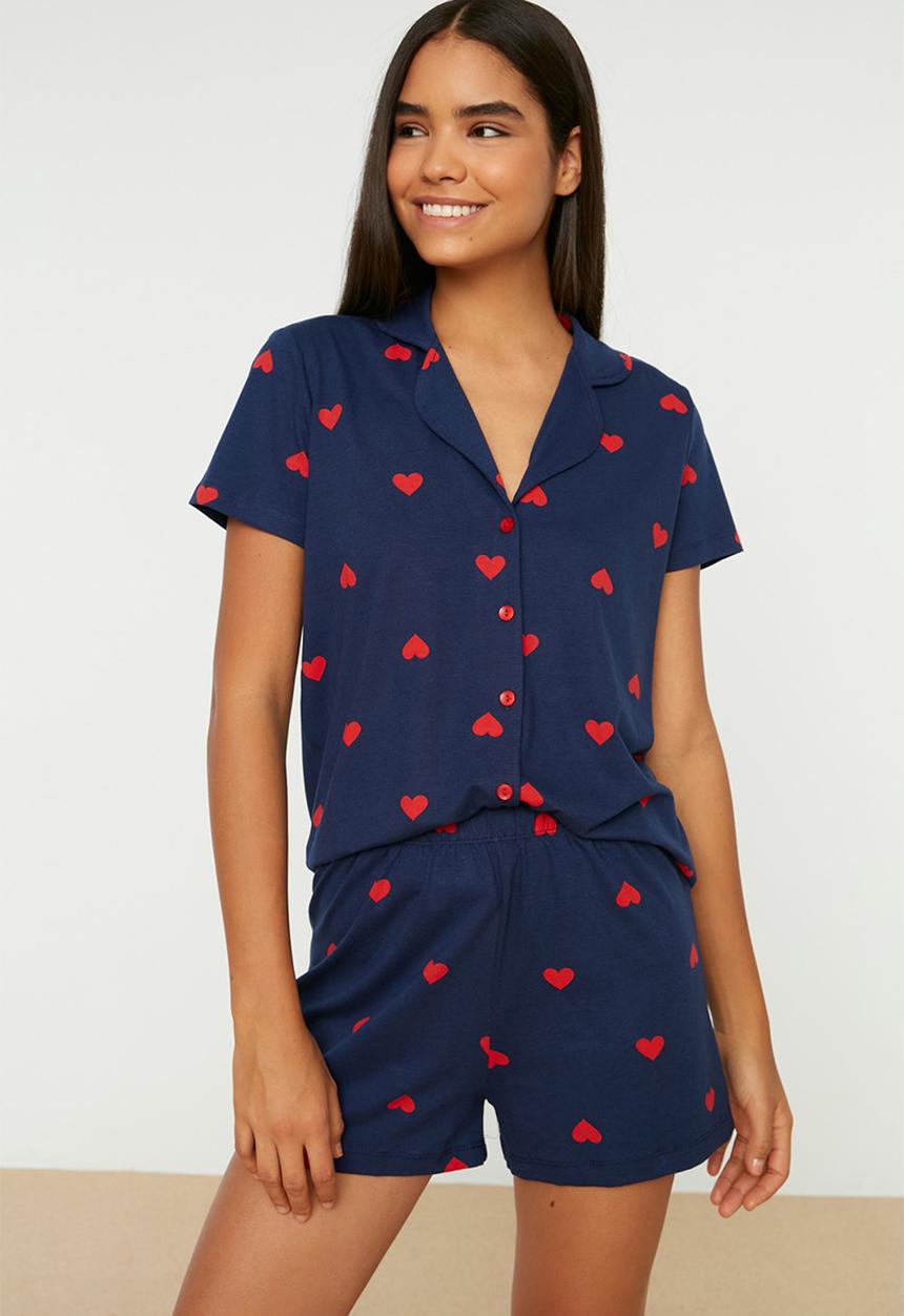 Trendyol - Cotton heart shorts pajama set - navy blue