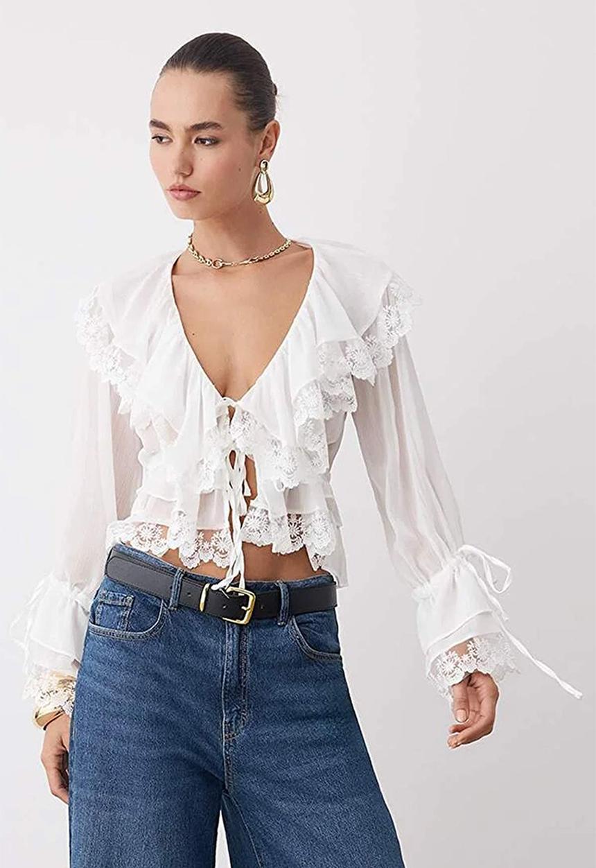 Trendyol - Sheer Lace Detail Ruffle Blouse - Ecru