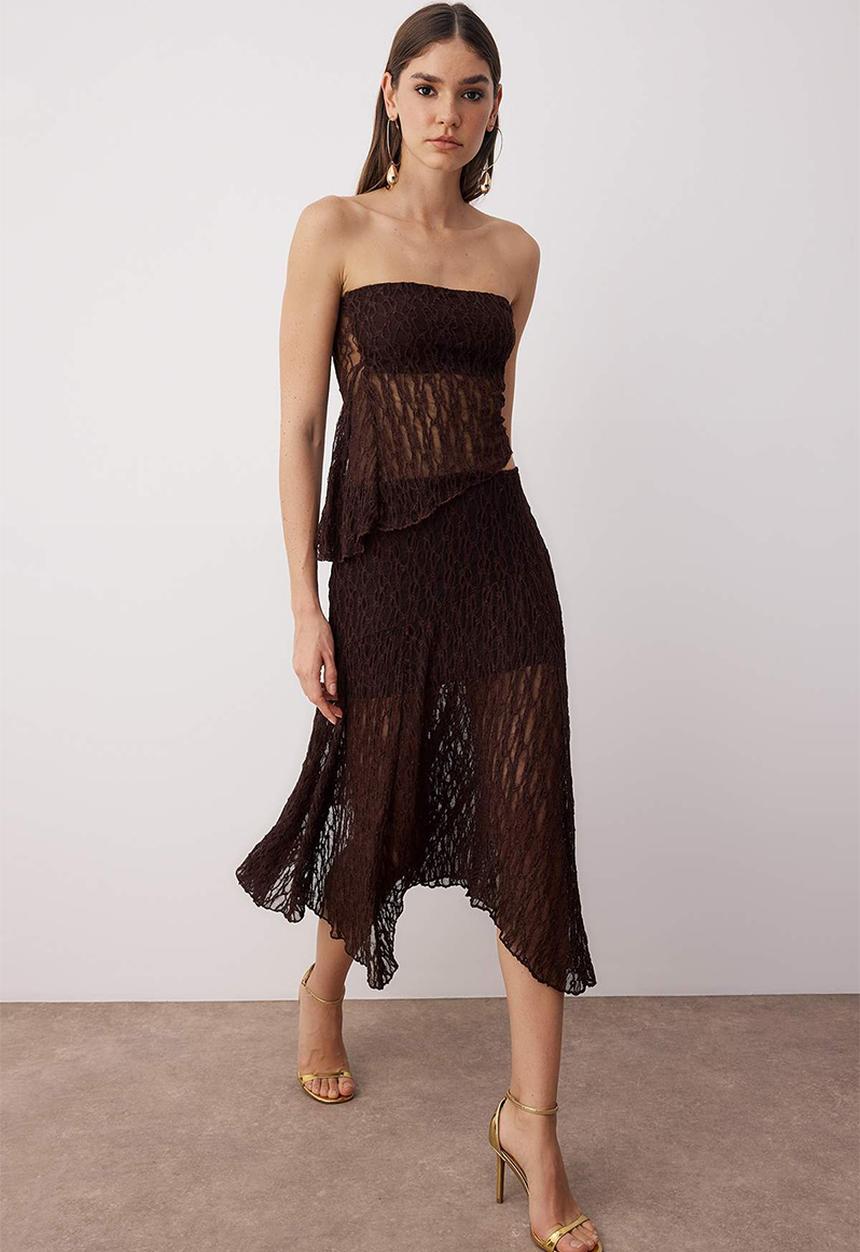 Trendyol - Strapless Lace Top and Bottom Set - Brown