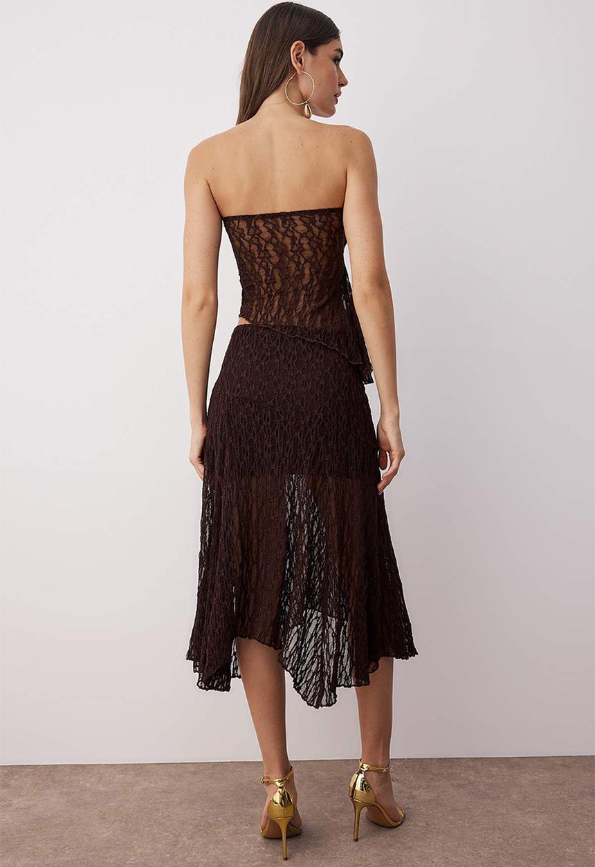 Trendyol - Strapless Lace Top and Bottom Set - Brown