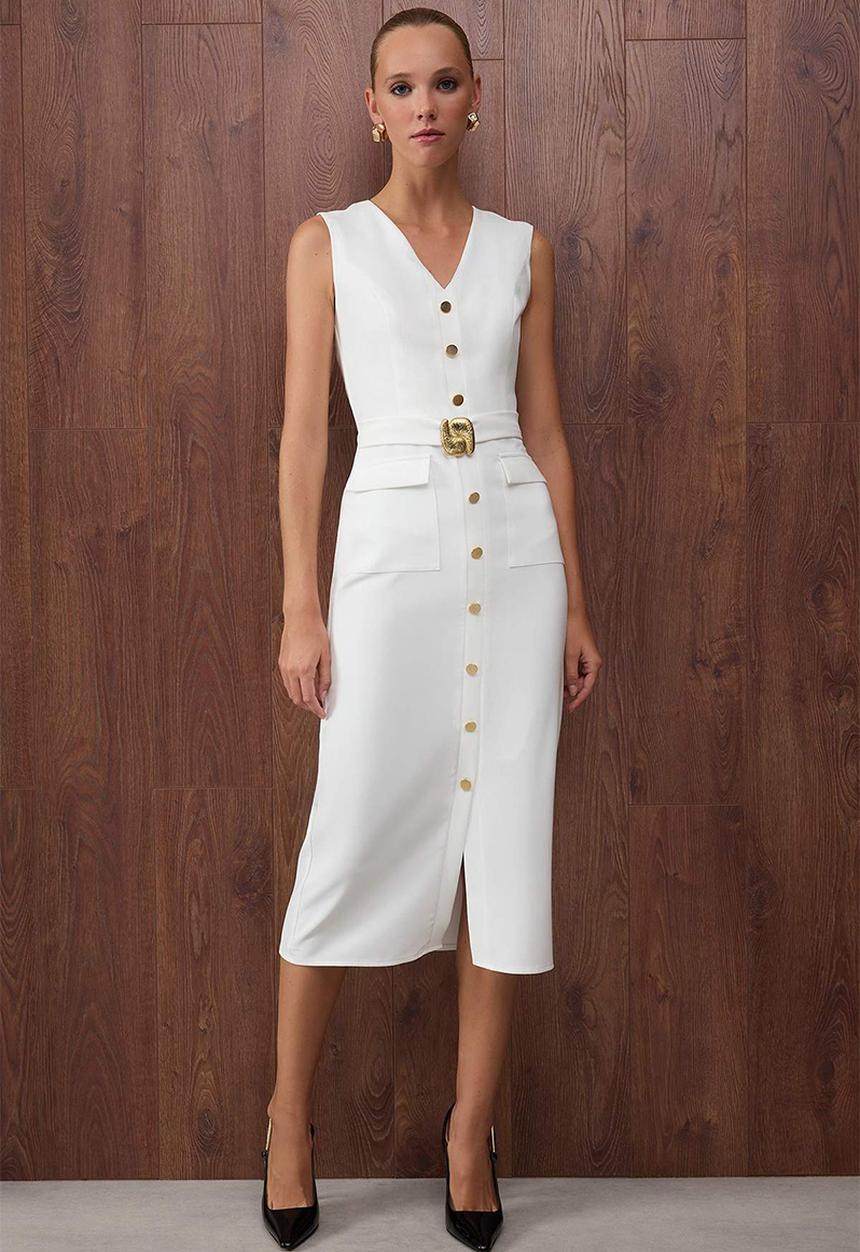 Trendyol - Belted Straight Midi Dress with Accessory Detail - White