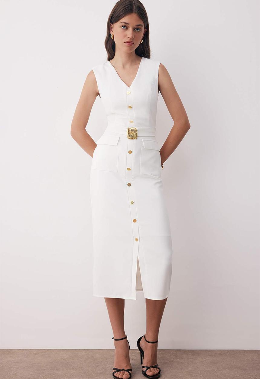 Trendyol - Belted Straight Midi Dress with Accessory Detail - White