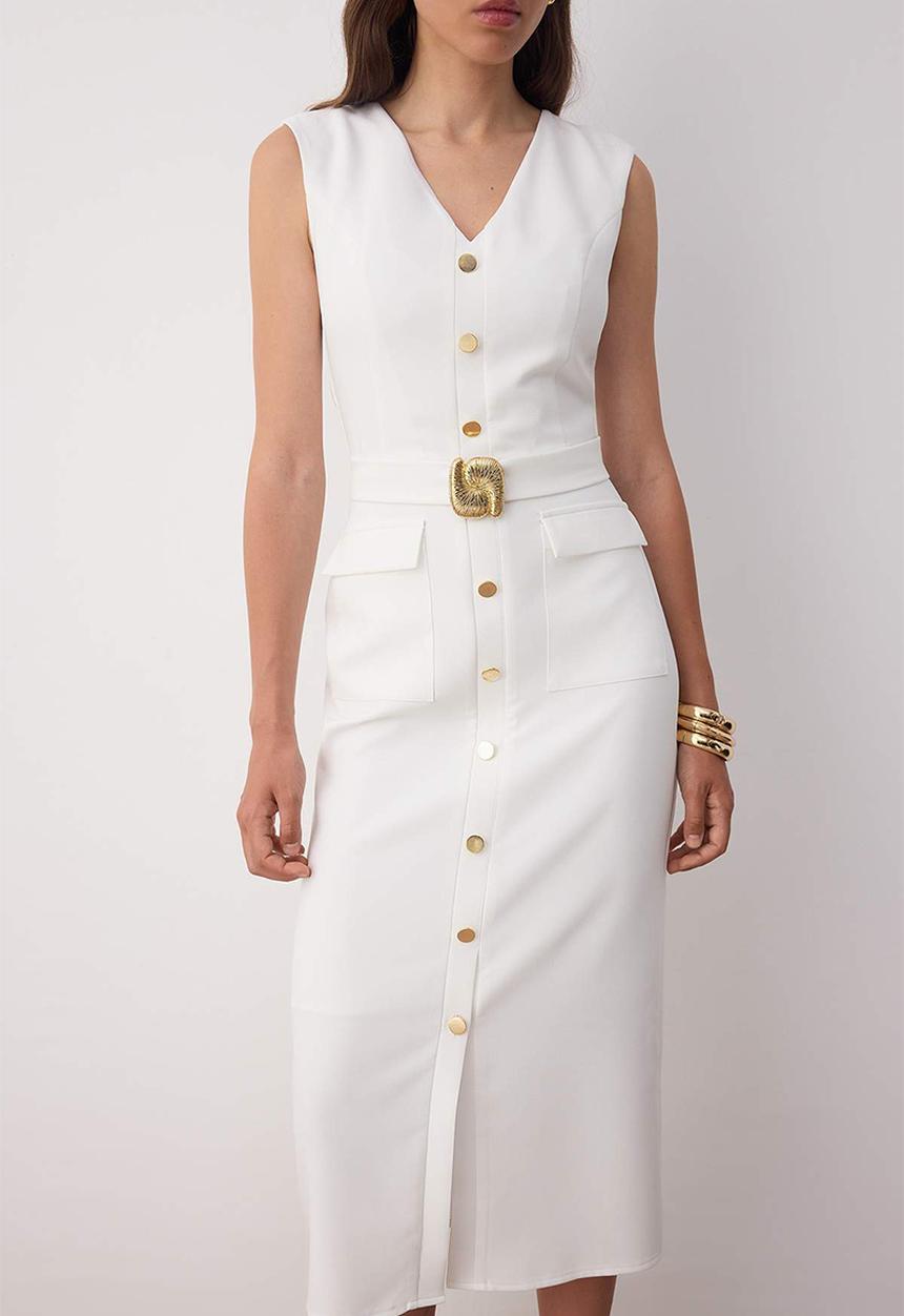 Trendyol - Belted Straight Midi Dress with Accessory Detail - White