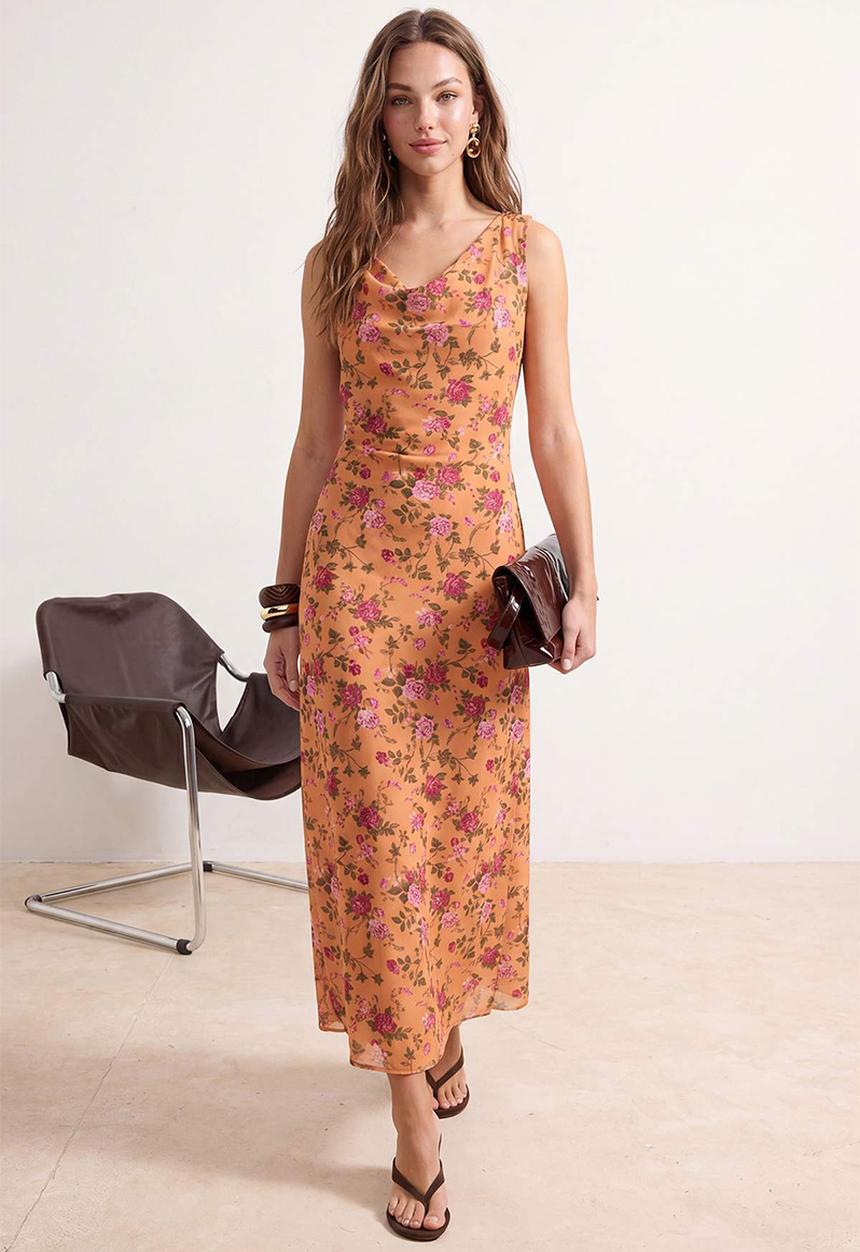 Trendyol - Floral Waist-Cut Degaje Collar Tulle Dress - Orange