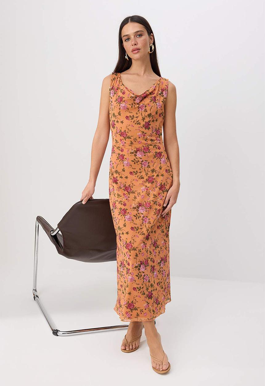 Trendyol - Floral Waist-Cut Degaje Collar Tulle Dress - Orange