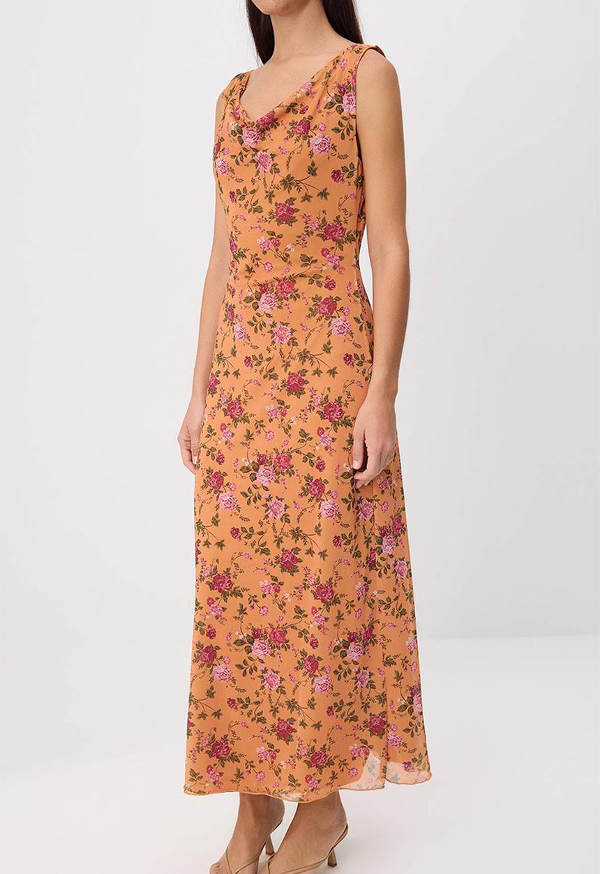 Trendyol - Floral Waist-Cut Degaje Collar Tulle Dress - Orange