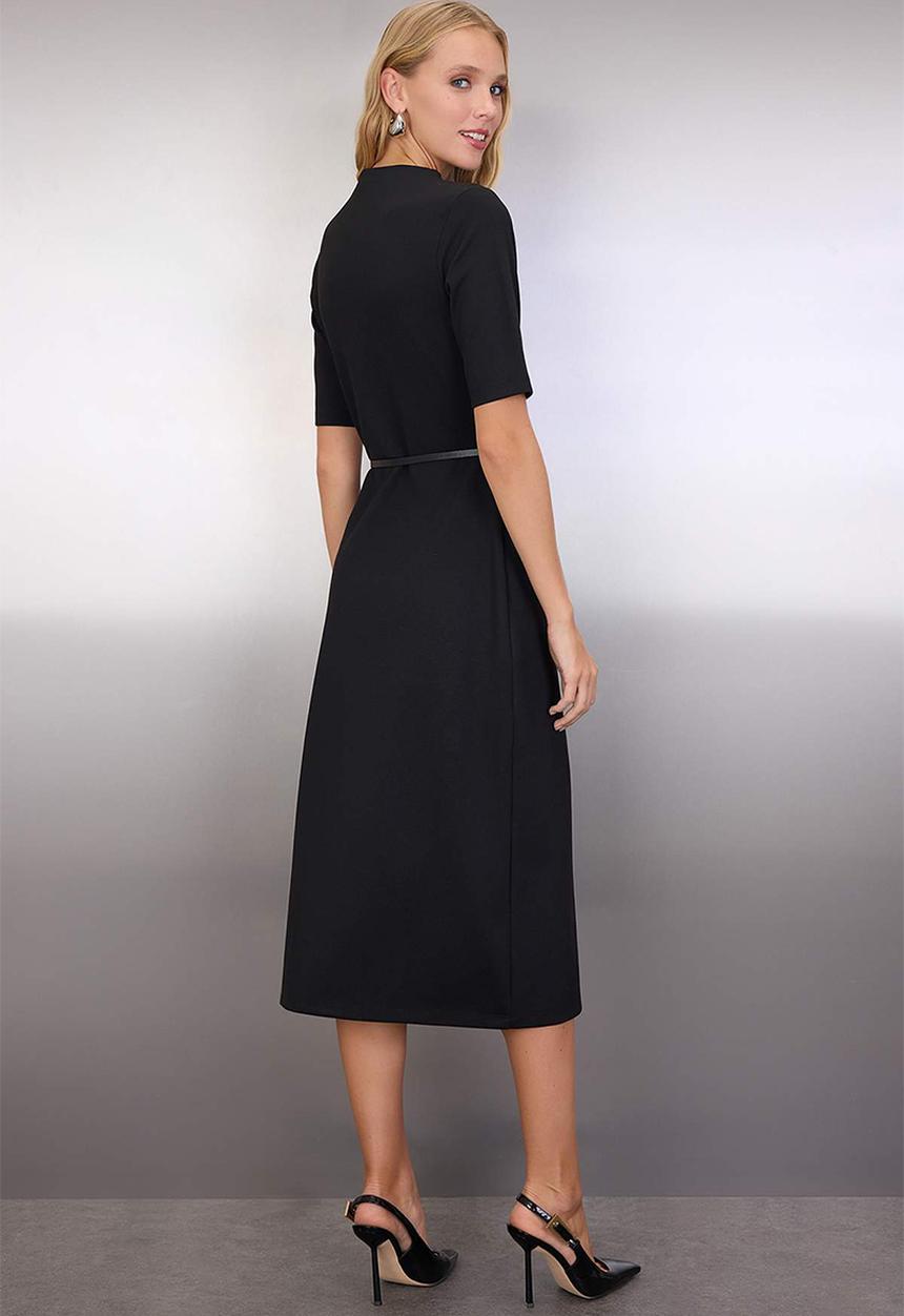 Trendyol - Belted Three-Quarter Sleeve Midi Knit Dress - Black